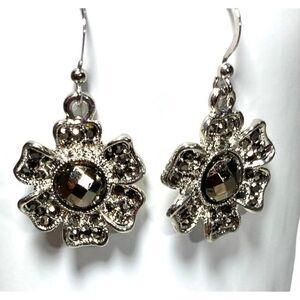 Bebe Silver Tone Flower with Black Faceted Stone Drop Earrings NWT